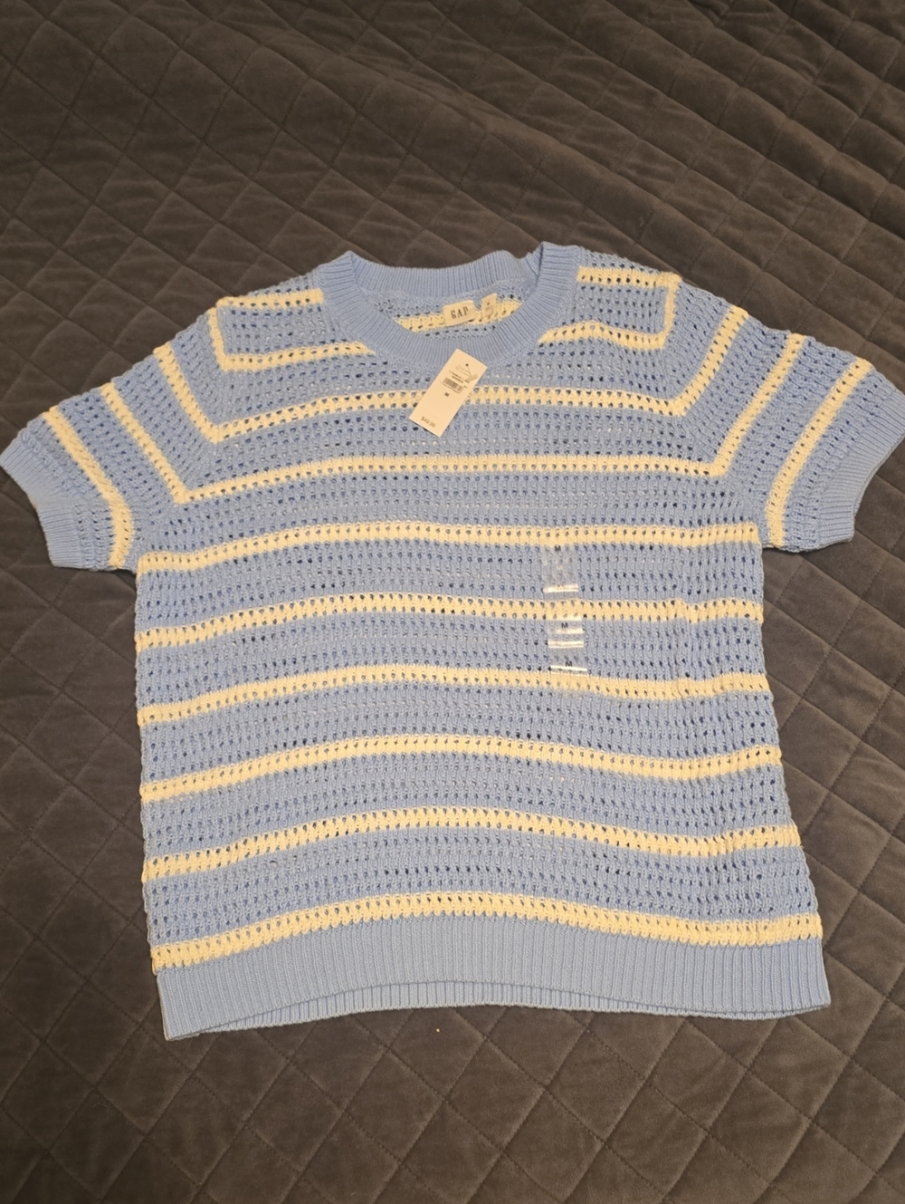 GAP Light Blue & Cream Open-Knit Stripe Crewneck Top Womens M